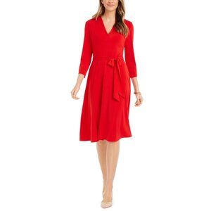 NWT Charter Club Womens Size Large Red 3/4 Sleeve Belted Jersey Midi Dress NEW